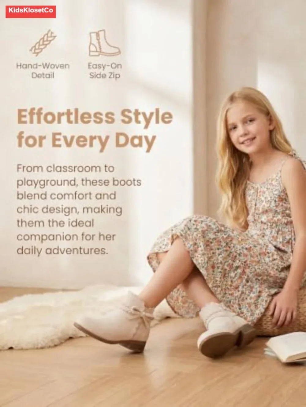 Girls Ankle Boots Low Heel Zip Faux Suede Bow Braided Dress Booties